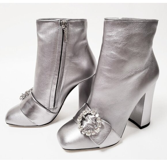 DOLCE & GABBANA BOOTS ANKLE METALLIC SILVER LEATHER JEWELED BUCKLE IT 38 US 7.5 - Picture 9 of 13